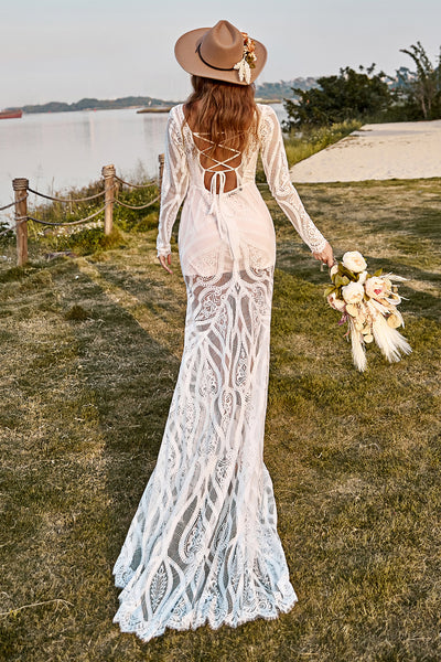 Wedtrend Women Boho Wedding Dress Ivory Lace Chiffon Trumpet Sleeve Beach  Bridal Dress – WEDTREND