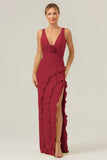 Burgundy Sheath V Neck Floral Open Back Bridesmaid Dress with Ruffle Slit