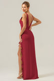 Burgundy Sheath V Neck Floral Open Back Bridesmaid Dress with Ruffle Slit