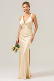 Champagne Mermaid Deep V Neck Ruched Long Bridesmaid Dress with Lace Up Back