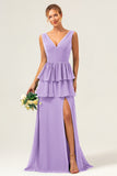 Lilac A Line V Neck Tiered Ruffle Long Bridesmaid Dress with Slit