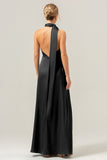 Black Sheath Deep V Neck Open Back Satin Bridesmaid Dress with Streamer