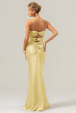 Daffodil Mermaid Spaghetti Straps Front Pleated Long Bridesmaid Dress