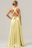 Daffodil A Line Deep V Neck Lace Up Back Long Satin Bridesmaid Dress with Slit