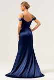 Dark Navy Mermaid Cold Shoulder Ruched Corset Long Satin Bridesmaid Dress with Slit