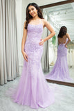 Light Pink Mermaid Spaghetti Straps Long Prom Dress with Appliques