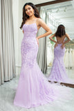 Light Pink Mermaid Spaghetti Straps Long Prom Dress with Appliques