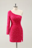 Sparkly Hot Pink Bodycon One Shoulder Long Sleeve Short Homecoming Dress with Slit