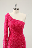 Sparkly Hot Pink Bodycon One Shoulder Long Sleeve Short Homecoming Dress with Slit