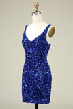 Classy Royal Blue Sheath V Neck Sequin Fitted Short Homecoming Dress