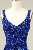 Classy Royal Blue Sheath V Neck Sequin Fitted Short Homecoming Dress