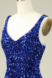 Classy Royal Blue Sheath V Neck Sequin Fitted Short Homecoming Dress