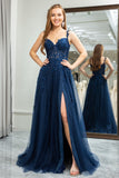 Navy A Line Spaghetti Straps Corset Prom Dress with Appliques