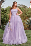 A-Line Spaghetti Straps Tulle Long Purple Prom Dress with Appliques