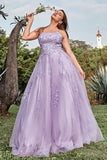 A-Line Spaghetti Straps Tulle Long Purple Prom Dress with Appliques