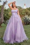 A-Line Spaghetti Straps Tulle Long Purple Prom Dress with Appliques