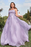 A-Line Spaghetti Straps Tulle Long Purple Prom Dress with Appliques