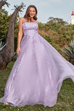 A-Line Spaghetti Straps Tulle Long Purple Prom Dress with Appliques