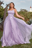 A-Line Spaghetti Straps Tulle Long Purple Prom Dress with Appliques