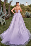 A-Line Spaghetti Straps Tulle Long Purple Prom Dress with Appliques