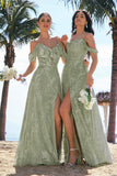 A Line Cold Shoulder Burnout Velvet Dusty Sage Long Bridesmaid Dress with Slit