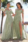 A Line Cold Shoulder Burnout Velvet Dusty Sage Long Bridesmaid Dress with Slit