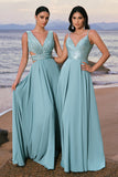 Sparkly Grey Green A-Line V Neck Cut Out Long Bridesmaid Dress with Sequins