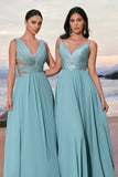 Glitter Grey Green A-Line Sequin Chiffon Long Bridesmaid Dress with Slit