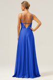 A Line Halter Ruched Satin Open Back Long Bridesmaid Dress with Flower