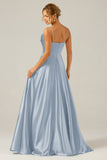 Dusty Blue A-Line Cowl Neck Spaghetti Straps Bridesmaid Dress With Sequins