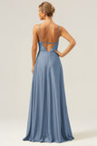 A Line Halter Ruched Satin Open Back Long Bridesmaid Dress with Flower