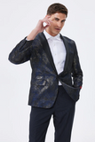 Men's Dark Navy Jacquard Shawl Lapel Prom Blazer