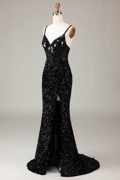 Wedtrend Women Black Prom Dress Sparkly Sheath Spaghetti Straps Sequins ...
