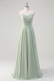 Matcha A Line Strapless Ruched Chiffon Backless Long Bridesmaid Dress