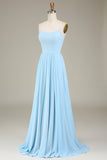 Sky Blue A-Line Spaghetti Straps Chiffon Long Bridesmaid Dress