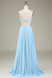 Sky Blue A-Line Spaghetti Straps Chiffon Long Bridesmaid Dress