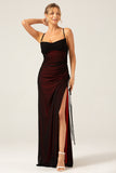 Sheath Spaghetti Straps Maxi Black Red Bridesmaid Dress With Slit