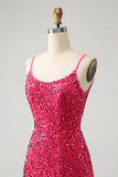 Sparkly Fuchsia Bodycon Spaghetti Straps Sequin Short Homecoming Dress with Tassels