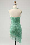 Glitter Sage Bodycon Halter Sequin Short Homecoming Dress with Tassels