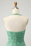 Glitter Sage Bodycon Halter Sequin Short Homecoming Dress with Tassels