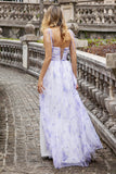 Lavender Flower A-Line Spaghetti Straps Print Pleated Long Maxi Dress