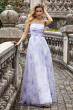 Lavender Flower A-Line Spaghetti Straps Print Pleated Long Maxi Dress