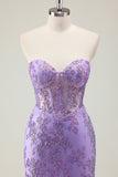 Glitter Purple Mermaid Sweetheart Corset Long Prom Dress with Appliques