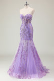 Glitter Purple Mermaid Sweetheart Corset Long Prom Dress with Appliques