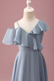 Grey Blue V-Neck A-Line Chiffon High Low Junior Bridesmaid Dress