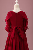 Burgundy A-Line Round Neck Chiffon Half Sleeves Long Junior Bridesmaid Dress