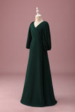 Pine Green A-Line V-Neck Chiffon Junior Bridesmaid Dress with Long Sleeves