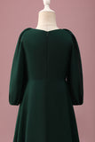 Pine Green A-Line V-Neck Chiffon Junior Bridesmaid Dress with Long Sleeves