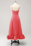 A Line Spaghetti Straps Ruched Long Bridesmaid Dress