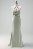 Dusty Sage Sheath Halter Ruched Satin Long Bridesmaid Dress